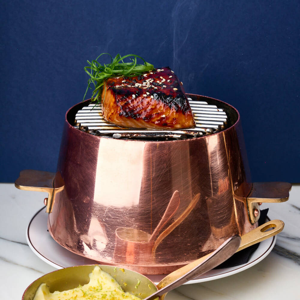 korean barbecue with mash potatoes and salmon
